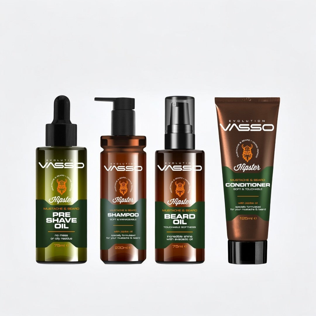 Hipster Collection Gift Set for Mustache & Beard Care - Pre shave oil, Beard oil, shampoo, and conditioner